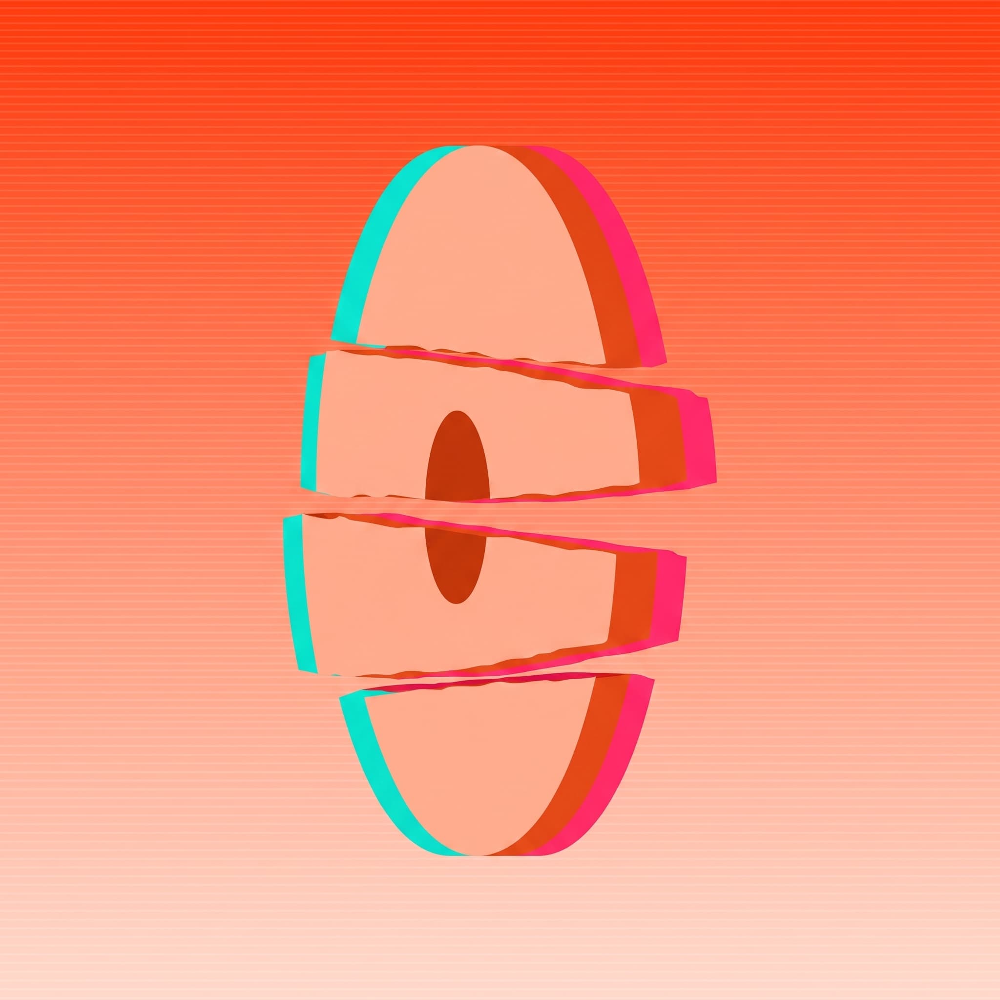 A single disc split into three offset slices against a vermilion field.
