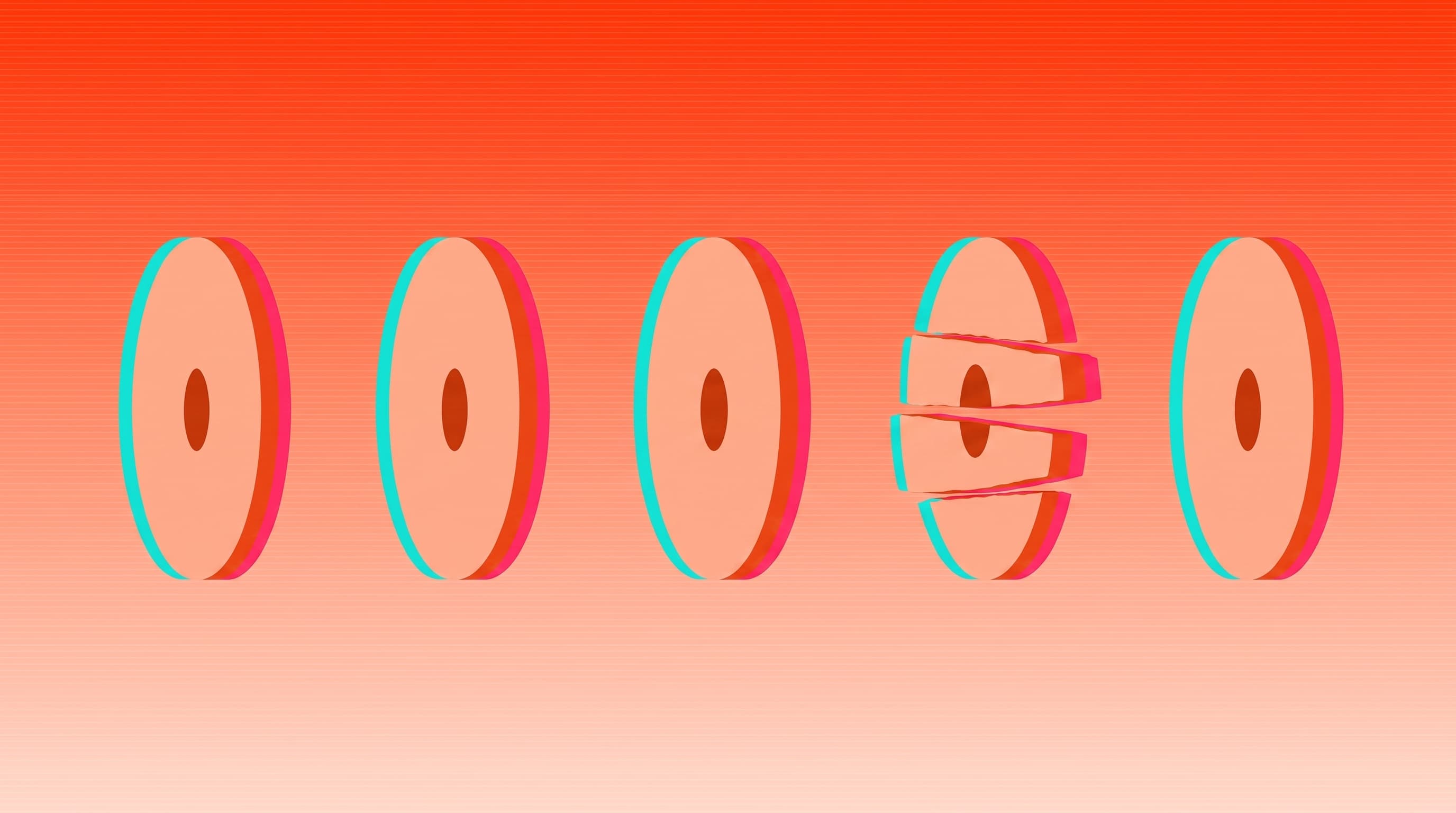 A row of five discs; the fourth has broken rank and is splitting into slices.